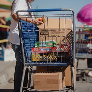 A grocery cart with food items inside.